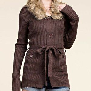 Rich Brown Faux Fur Trim Long Sleeve Ribbed Cardigan Tie Sweater